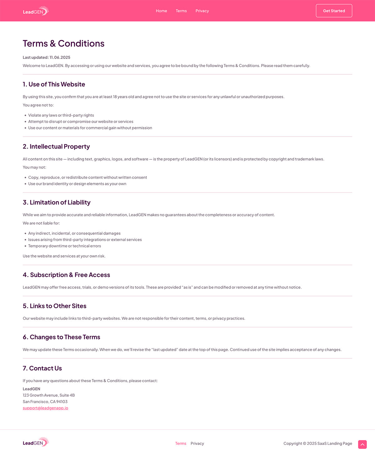 SaaS Landing Page Terms and Conditions
